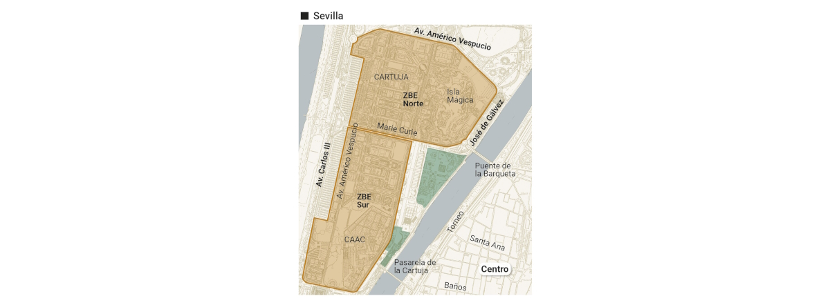 Mapa de la Zona de Bajas Emisiones (ZBE) en Sevilla