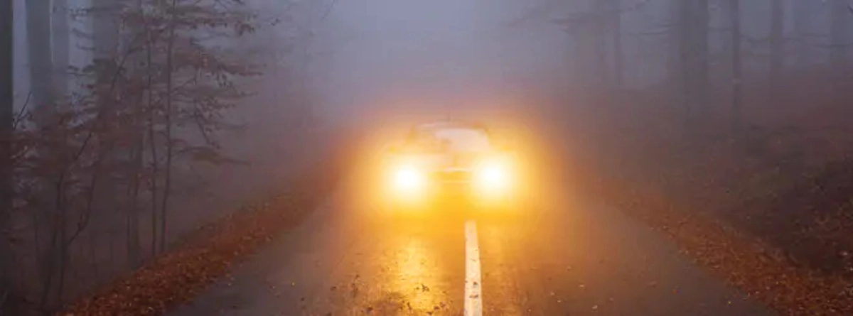 Coche circulando de noche con niebla utilizando luz amarilla en los faros delanteros. 