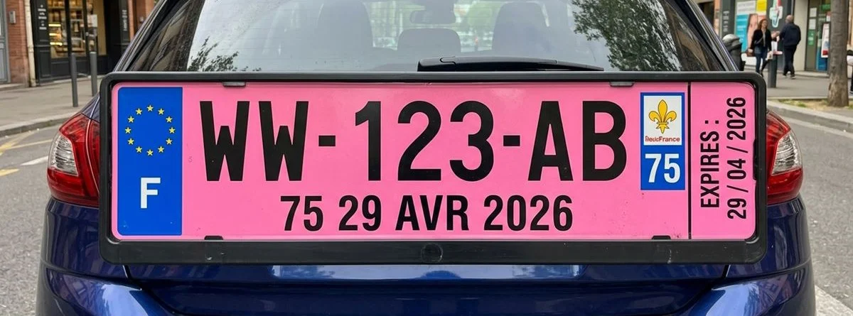 Matrícula rosa de Francia con autorización temporal WW y fecha de caducidad impresa.
