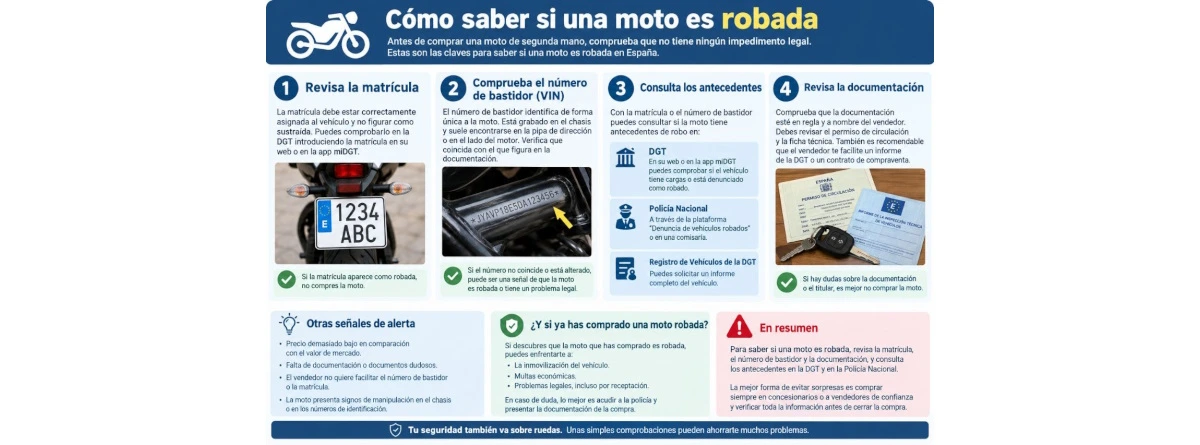 Infografía explicativa sobre cómo saber si una moto es robada mediante la revisión de matrícula, VIN y DGT.