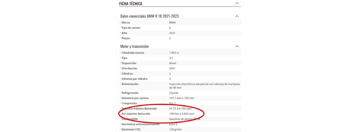 Ficha técnica digital detallando los datos de potencia máxima para saber si una moto está limitada. 